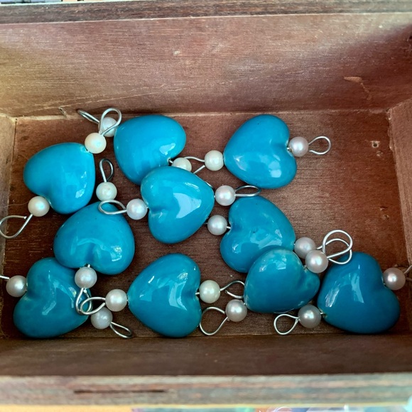 Blue Glazed Ceramic Porcelain Hearts & Pearl Beads W Metal Links (lot 10 links) - Picture 11 of 11